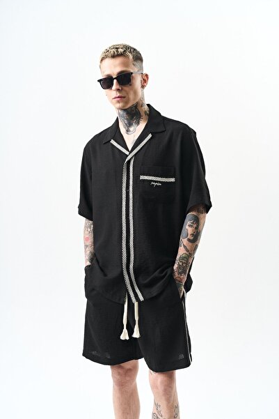 Respire Pánská oversize lněná souprava – vyšívané černé šortky a košile