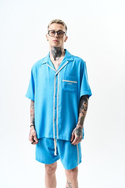 Respire Men's Embroidered Oversize Linen Shorts Suit Blue