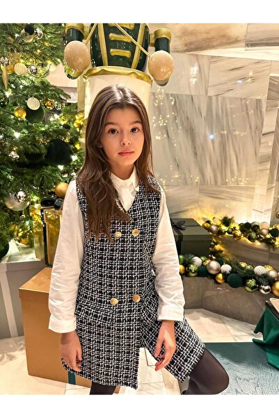 Hilal Akıncı Kids Kız Çocuk  Gold Düğmeli Ceket Elbise Beyaz Gömlek 2'li Takım