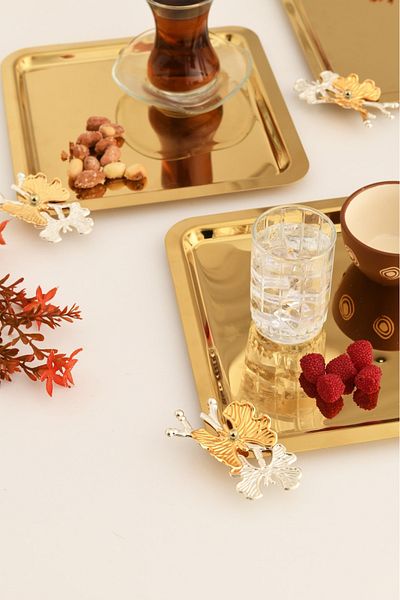 AKSESUAR EVRENİ Nesto Stainless Square Butterfly Detailed Presentation Tray Gold Set of 3