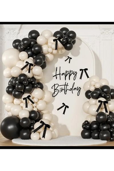 Çemrek Süs Parti Retro White Black Balloon Chain Set with 100 Black Bows