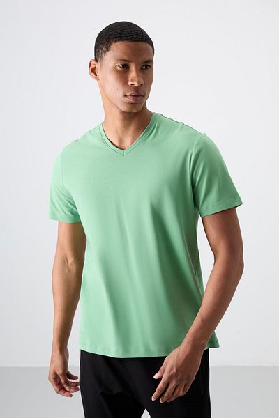 TOMMY LIFE Παστέλ Πράσινο Basic Κοντό μανίκι Standard Fit Ανδρικό T-Shirt με λαιμόκοψη - 87912
