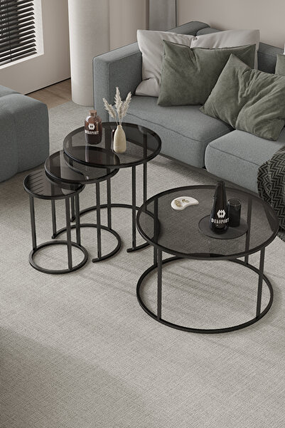 Dekoport Royal Orta Ve Zigon Sehpa Seti Füme Cam