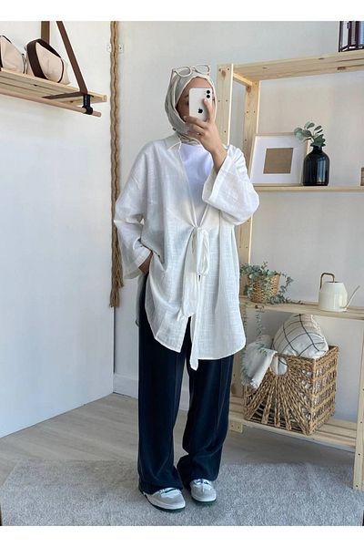 My Blog White Flam Linen Kimono Shirt