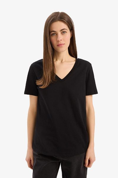 DeFacto 100% Cotton Regular Fit V-Neck Basic Plain Short Sleeve Black T-Shirt W9578Az25Sp