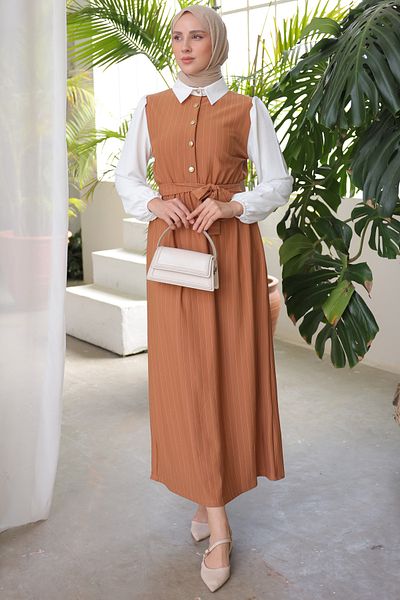 giyze Φόρεμα με ρίγες λεπτομερή γιακά Camel 3906