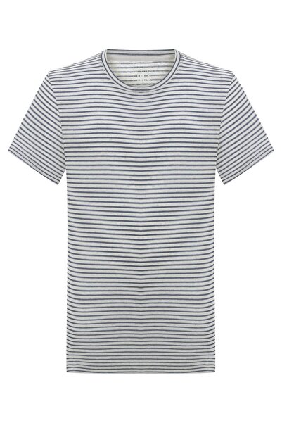 Mudo Erkek İndigo Keten Karışımlı Çizgili T-Shirt