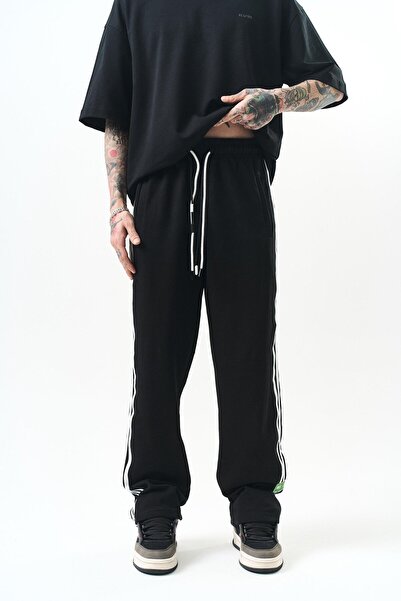 Respire Men's 3-Piece Stripe Detailed Interlock Baggy Sweatpants Black