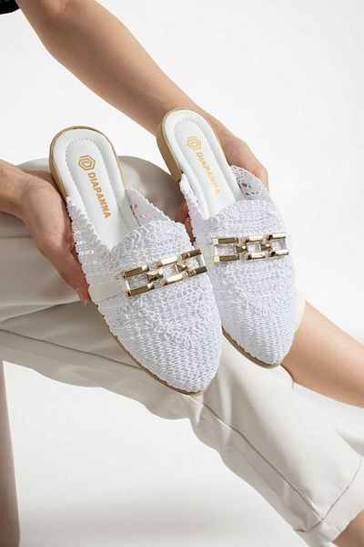 AlbiShoes Γυναικείες παντόφλες με αλυσίδα κλειστή μπροστά Ψάθινη δαντέλα πλεκτά casual σανδάλια παντόφλες καλοκαιρινές παντόφλες