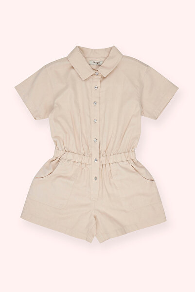 Panço Kız Çocuk Düğmeli Gömlek Yaka Bej Salopet