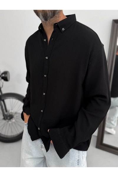 BYBASICMAN Siyah Yaka Düğmeli Oversize Gömlek G-4863