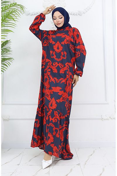 sefamerve Viscose Fabric Elastic Sleeve Patterned Dress 2018-04 Red