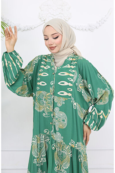 sefamerve Alaçatı Patterned Half Buttoned Viscose Dress 0040-01 Green