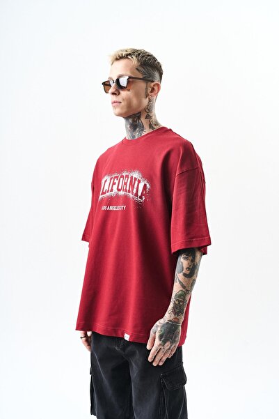 Respire Мъжка тениска с щампа California Oversize, бордо червена