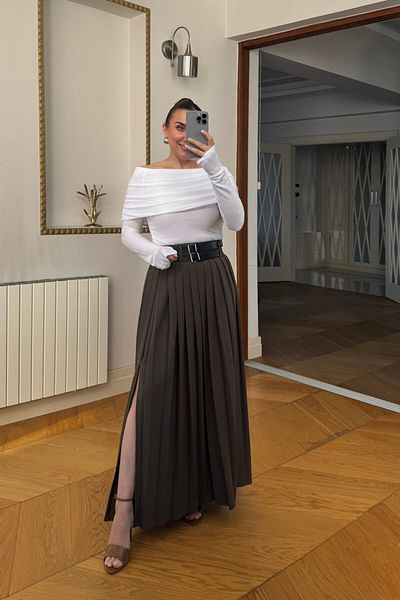 Tuba Butik Pleated Long Skirt with Belt Detail