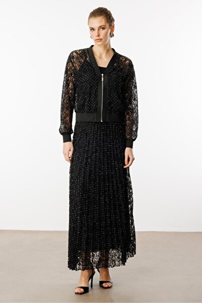 Moda İlgi Modailgi Fermuar Kapamalı Ribana Detaylı Taşlı Dantel Bluz Siyah