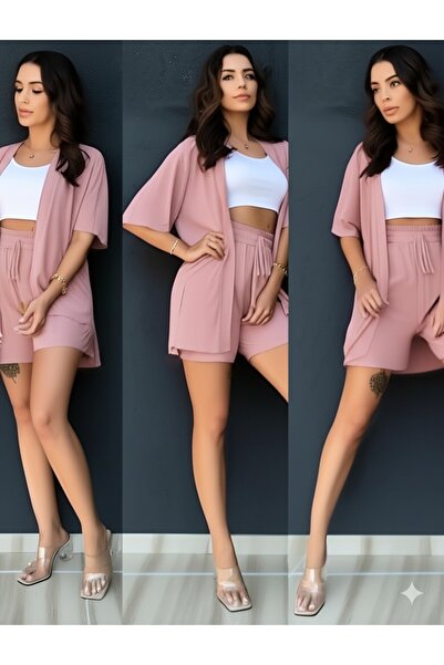NO 601 Women's Pink Wrap Kimono Vest Shorts Bottom-Top Set