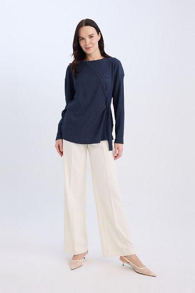 DeFacto Crew Neck Lacing Detail Casual Wrap Long Sleeve Navy Blue T-Shirt E1800Ax24Wn
