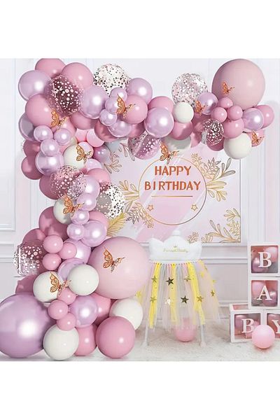 Çemrek Süs Parti Powder Pink White Transparent Sequin Chrome Pink Balloon Chain Set Including 103 Jumbo Balloons