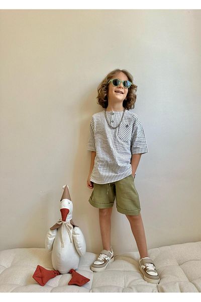 YİGİT BUTİK بدلة شورت للأولاد من Yigit Boutique من نسيج القطني القطني بياقة الماندرين