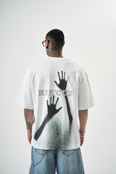 Respire Мъжка тениска с щампа Res'cue Oversize, бяла