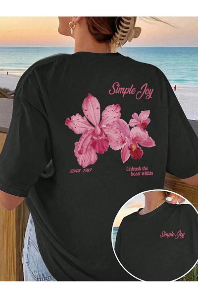 Trendseninle Γυναικείο μπλουζάκι μαύρο Simple Joy με στάμπα Oversize