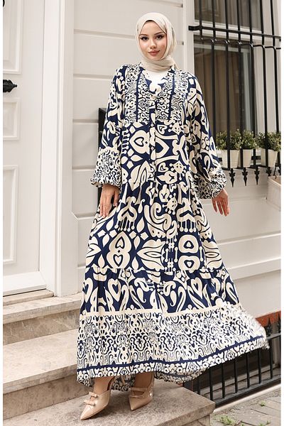 sefamerve Alaçatı Patterned Half Buttoned Viscose Dress 0042-01 Navy Blue