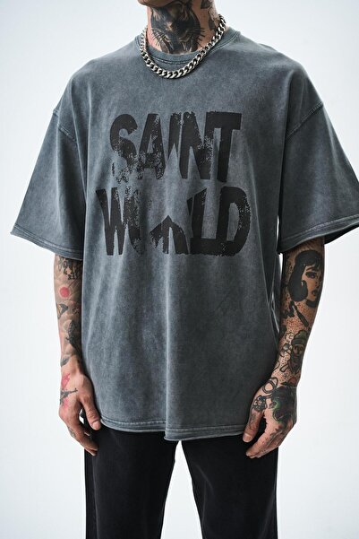 Respire Men's Gray Oversize T-Shirt Star Printed Washable