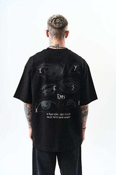 Respire Tricou oversize cu imprimeu Eyes pentru bărbați, negru