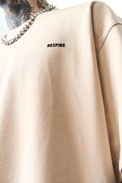 Respire Ανδρικό μπλουζάκι Respire Text Λεπτομερές Oversize Μπεζ