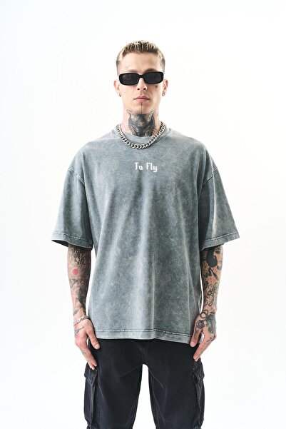 Respire Men's Gray Oversize T-Shirt Fly Printed Washable