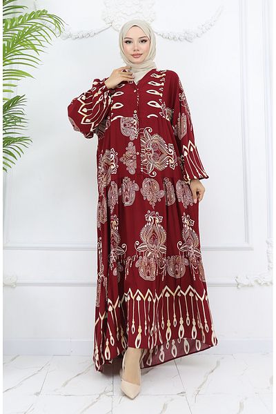 sefamerve Φόρεμα βισκόζης με μισό κουμπί Alaçatı 0040-05 Claret Red