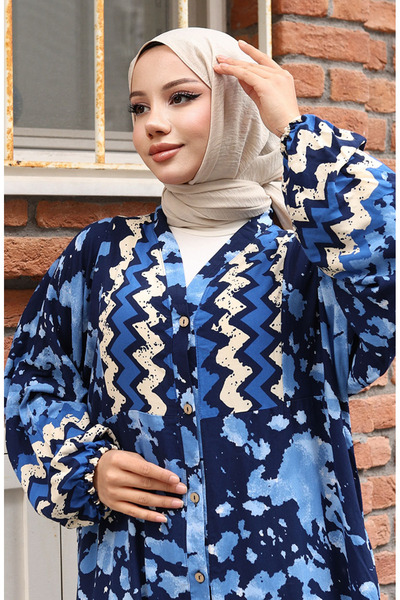 sefamerve Alaçatı Desenli Yarım Düğmeli Viskon Elbise 0041-02 Lacivert