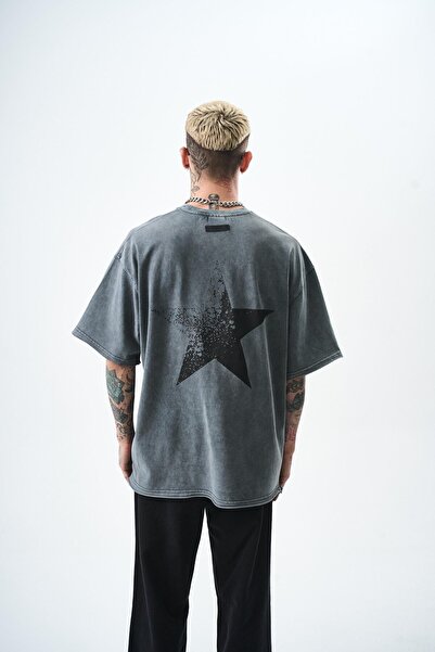 Respire Men's Gray Oversize T-Shirt Star Printed Washable