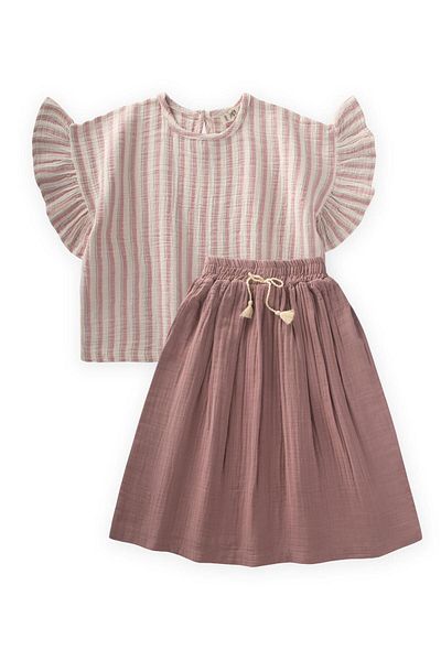 Cigit Muslin Skirted Blouse Set 2-8 Years Old Dusty Rose Striped