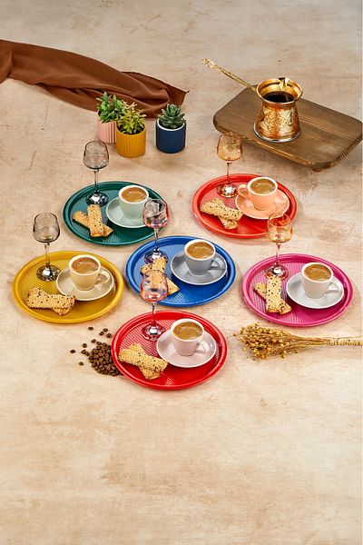 Dem Home 6Pcs Colorful Round Presentation Tray Decorative Tray Luxurious Plastic Colorful Coffee Serving Presentation Tray