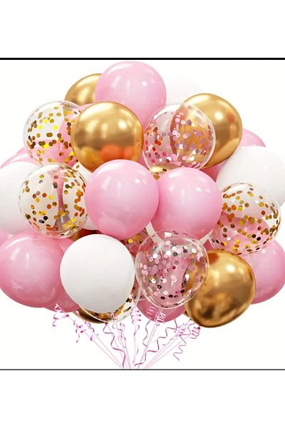 Çemrek Süs Parti Pink White Gold Chrome Transparent Gold Sequin Balloon Harness 25 Pcs