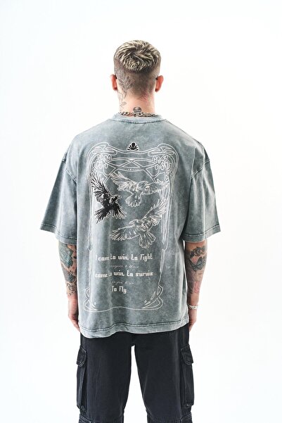 Respire Men's Gray Oversize T-Shirt Fly Printed Washable