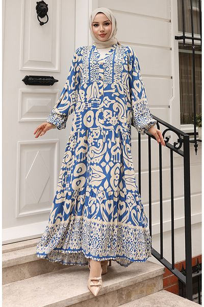 sefamerve Alaçatı Patterned Half Buttoned Viscose Dress 0042-02 Indigo