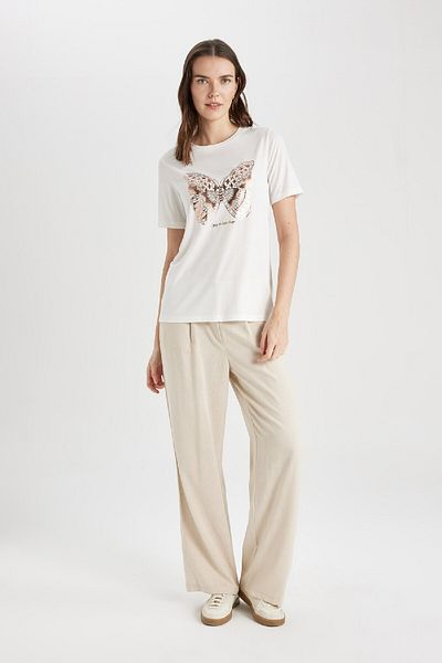 DeFacto Regular Fit Crew Neck Butterfly Patterned Short Sleeve T-Shirt C2115ax24sp
