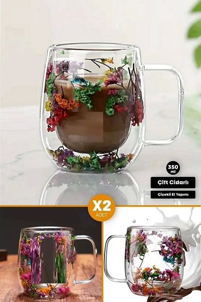 Rosemor Set of 2 Floral Cups with Handles Heat-Resistant Borosilicate Double Wall Flower Coffee Presentation Cup