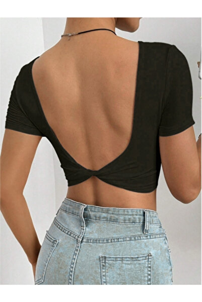 MOONBULL Kadın Sırtı Açık Kısa Kollu Crop Bluz