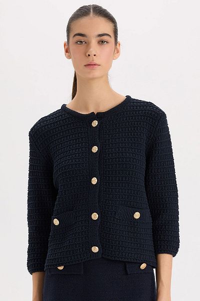 DeFacto Regular Fit Crew Neck Textured Buttoned Knitwear Cardigan D3304Ax24Wn