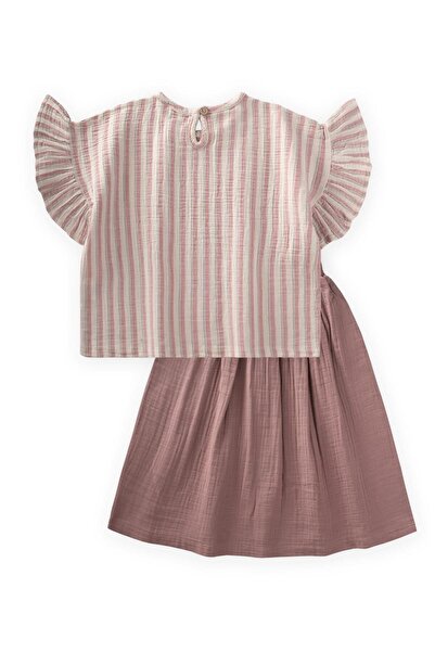 Cigit Muslin Skirted Blouse Set 2-8 Years Old Dusty Rose Striped
