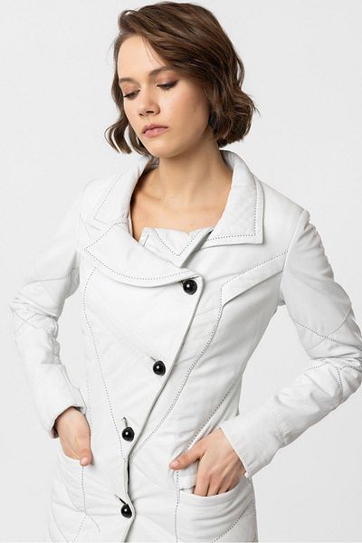 Deriderim White Bella Fiber Filling Shawl Collar Buttoned Women's Leather Coat
