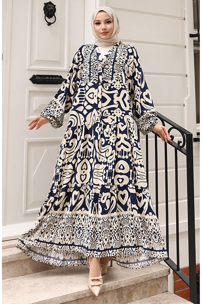 sefamerve Alaçatı Patterned Half Buttoned Viscose Dress 0042-01 Navy Blue