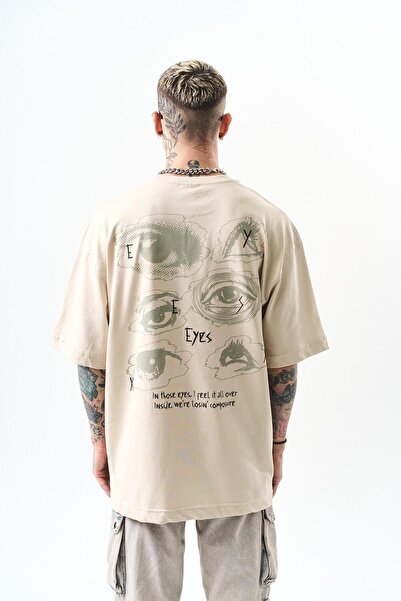 Respire Erkek Eyes Baskılı Oversize T-Shirt Bej