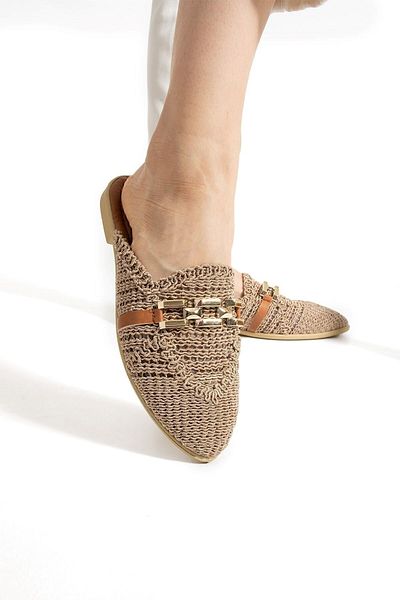 AlbiShoes Γυναικείες παντόφλες με αλυσίδα κλειστή μπροστά Ψάθινη δαντέλα πλεκτά casual σανδάλια παντόφλες καλοκαιρινές παντόφλες