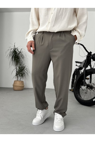 BYBASICMAN Light Khaki Loose Fit Fabric Trousers We-5011