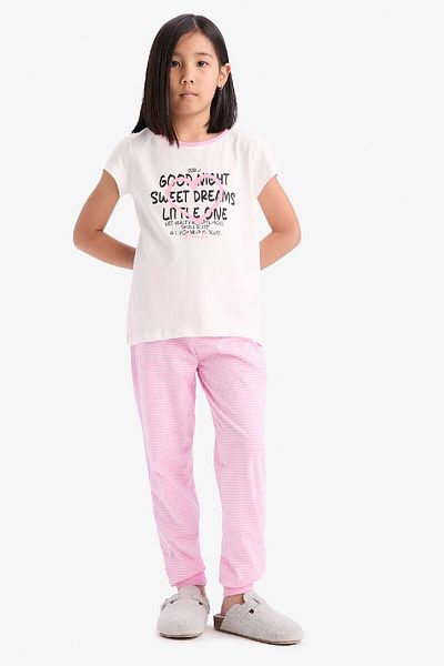 DeFacto Pyjama-Set für Mädchen – bedruckt, kurze Ärmel, elastische Taille oben, langer Boden E2220A825SM
